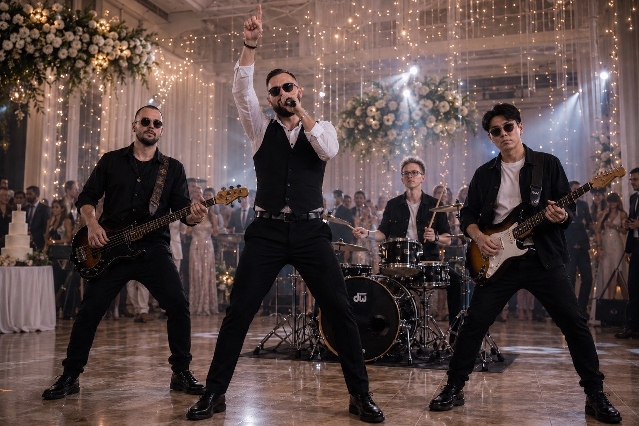 Выступление DejaVu Band: вокалист и музыканты на сцене